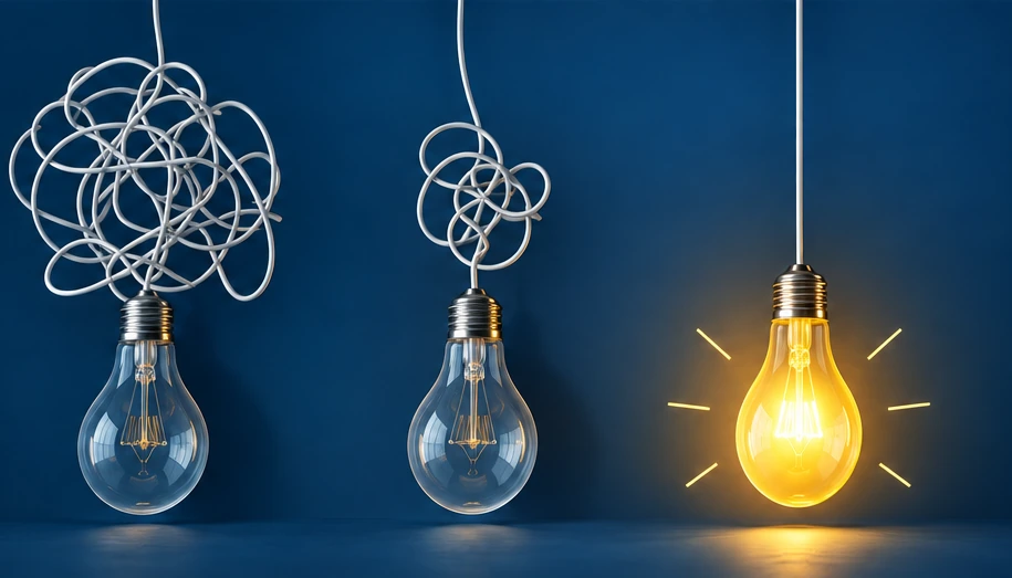 Three realistic hanging lightbulbs: one beneath a heavily tangled wire, one beneath a smaller tangle, and a third glowing brightly beneath a straight wire.